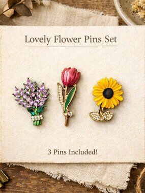 Set of 3 Flowers Brooches Set Lavender Sunflower Tulip in Gift Box Rhinestones